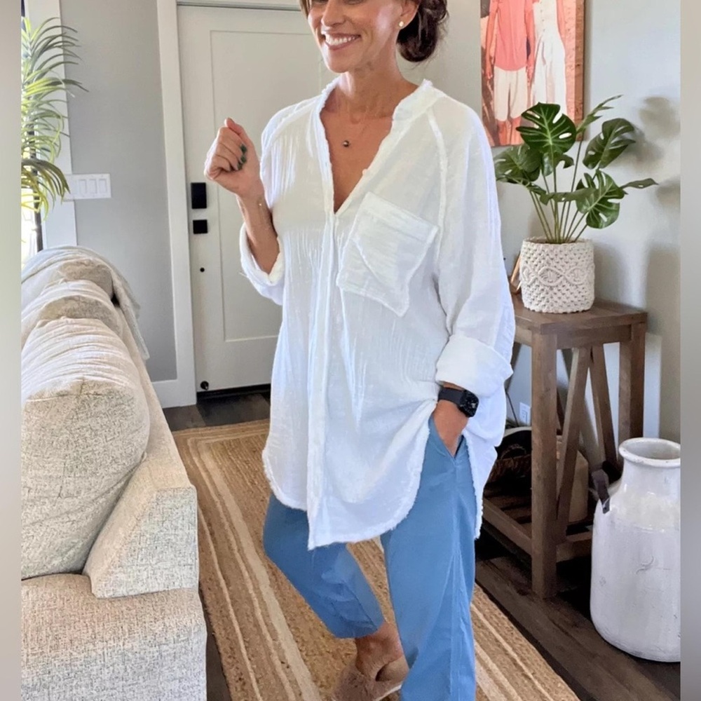 AERIE Pool To Party Oversized Cotton Gauze Button-Down Swim Coverup White